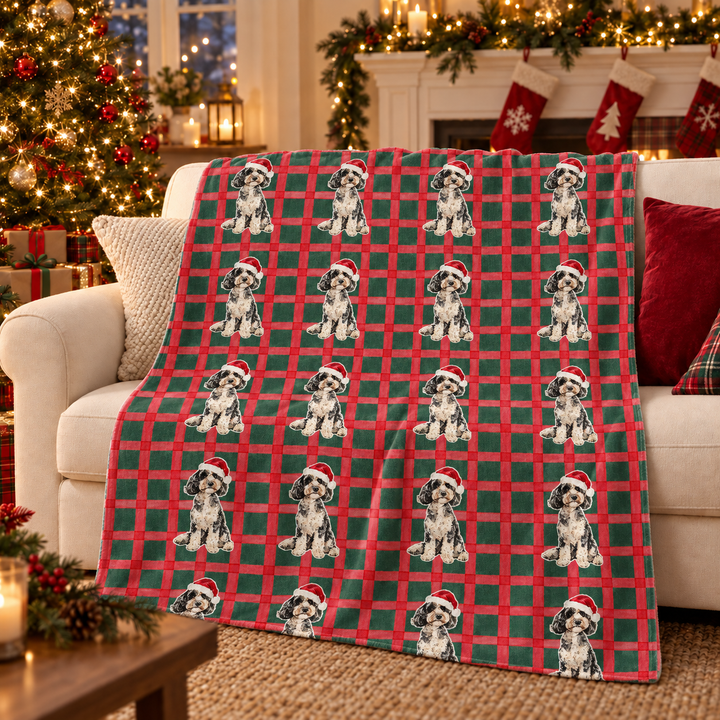 Doodle Christmas Velveteen Plush Blanket, Red Green Plaid, Santa Dog Throw