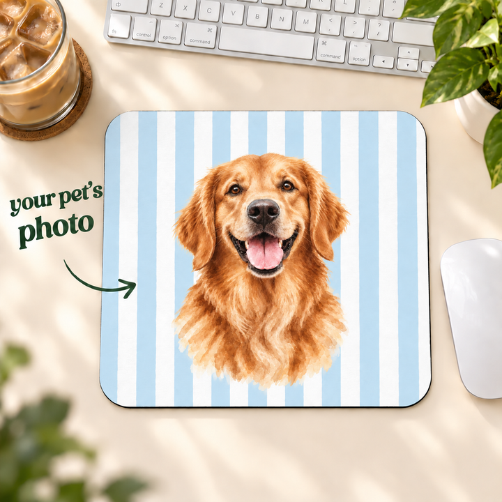 Custom Watercolor Dog Mouse Pad, Light Blue White Stripes, Personalized Pet Photo Desk Accessory