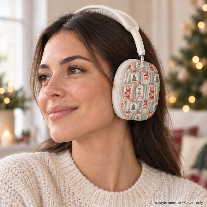 Vintage Santa Teddy Bear AirPods Max Case Covers, Christmas Ear Cup Shells, Candy Cane Holiday Pattern, Matte or Glossy