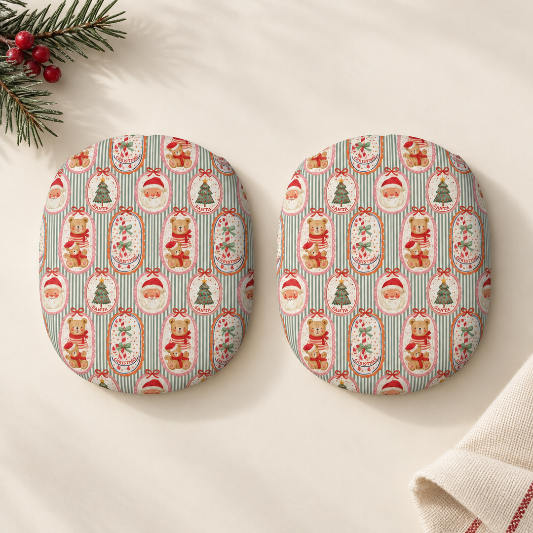 Vintage Santa Teddy Bear AirPods Max Case Covers, Christmas Ear Cup Shells, Candy Cane Holiday Pattern, Matte or Glossy