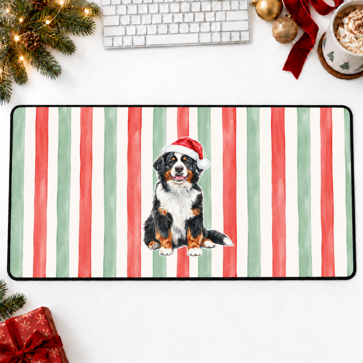 Bernese Mountain Dog Christmas Desk Mat, Centered Santa Dog, Red Sage Stripes