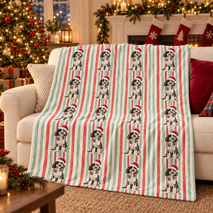 Doodle Christmas Velveteen Plush Blanket, Red Sage Stripes, Santa Dog Throw