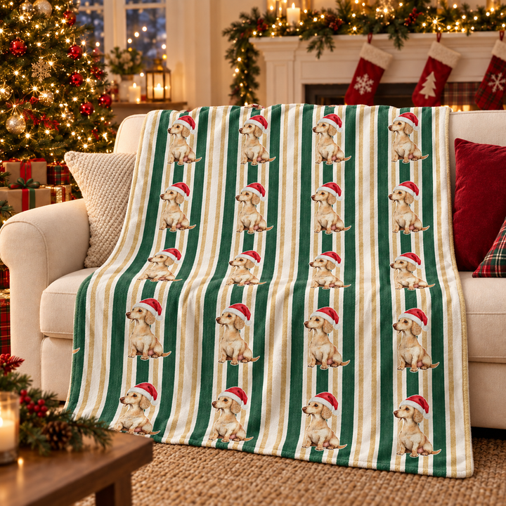 Dachshund Christmas Velveteen Plush Blanket, Green Gold Stripes, Santa Dog Throw