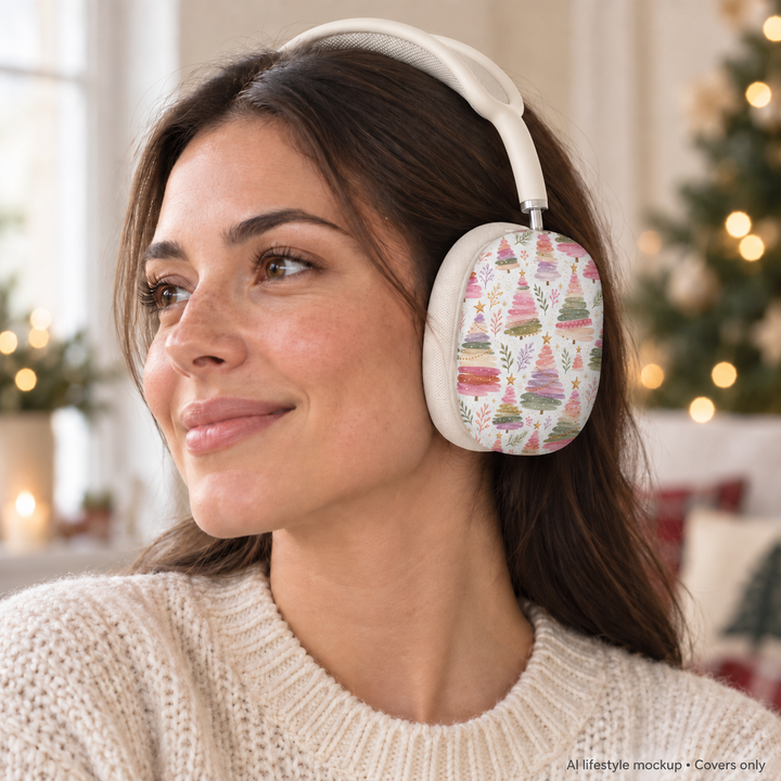 Pastel Christmas Tree AirPods Max Case Covers, Pink Watercolor Holiday Ear Cup Shells, Matte or Glossy