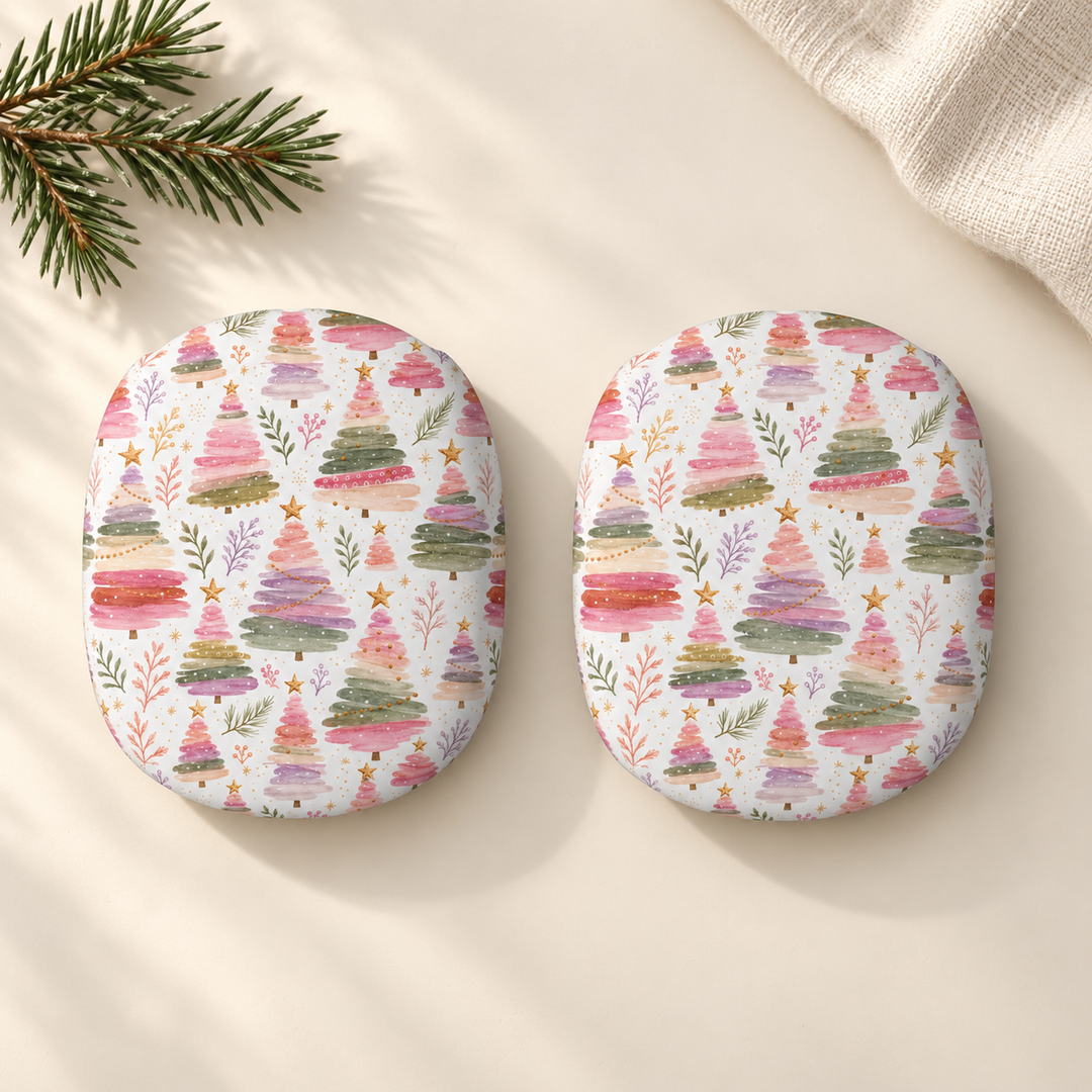 Pastel Christmas Tree AirPods Max Case Covers, Pink Watercolor Holiday Ear Cup Shells, Matte or Glossy