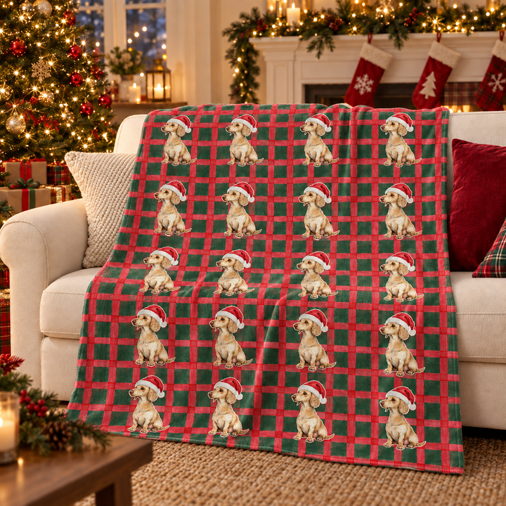Dachshund Christmas Velveteen Plush Blanket, Red Green Plaid, Santa Dog Throw