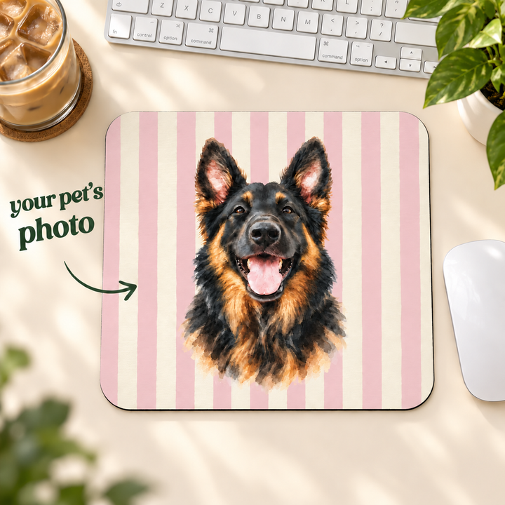 Custom Watercolor Dog Mouse Pad, Light Pink Cream Stripes, Personalized Pet Photo Desk Accessory
