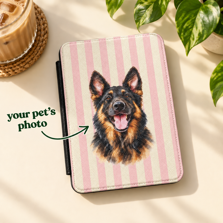 Custom Watercolor Dog Kindle Case, Light Pink Cream Stripes, Personalized Pet Photo Cover, 7 Inch Paperwhite Colorsoft