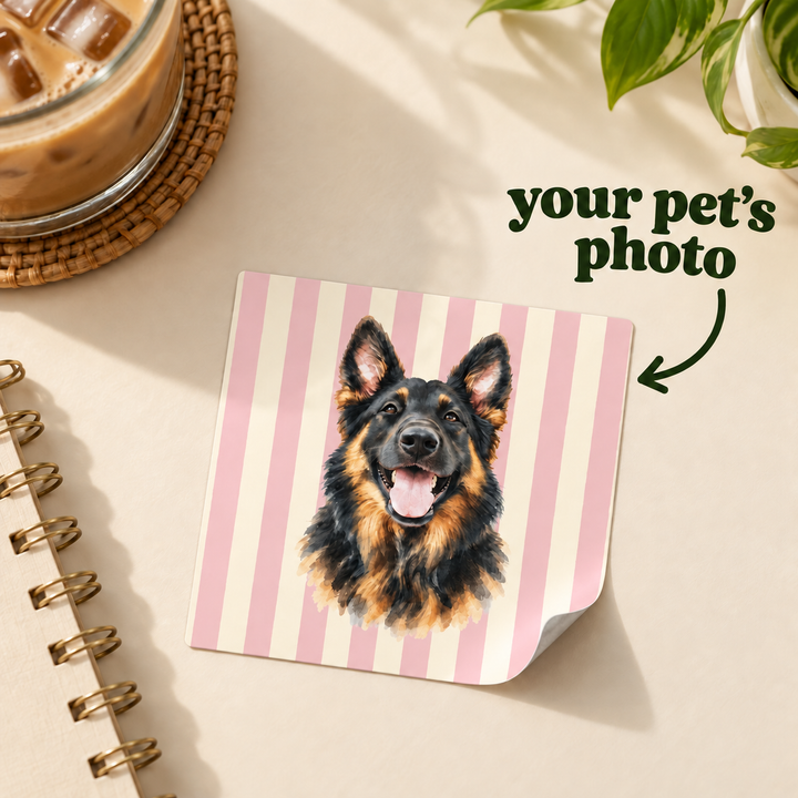 Custom Watercolor Dog Sticker, Light Pink Cream Stripes, Personalized Pet Photo Vinyl Decal, Dog Mom Gift