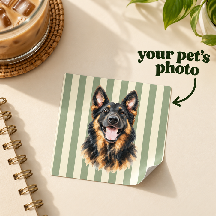 Custom Watercolor Dog Sticker, Sage Green Cream Stripes, Personalized Pet Photo Vinyl Decal, Dog Mom Gift