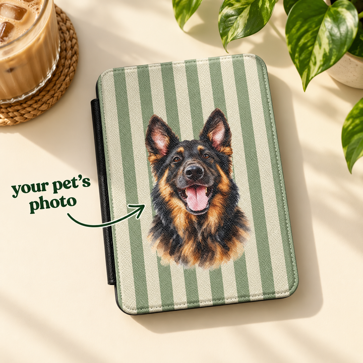 Custom Watercolor Dog Kindle Case, Sage Green Cream Stripes, Personalized Pet Photo Cover, 7 Inch Paperwhite Colorsoft