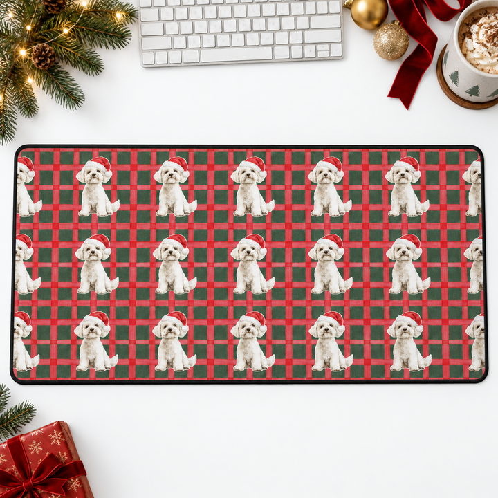 Maltese Christmas Desk Mat, Red Green Plaid, Santa Dog Desk Pad