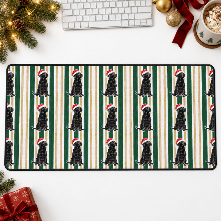 Black Labrador Christmas Desk Mat, Green Gold Stripes, Santa Dog Desk Pad