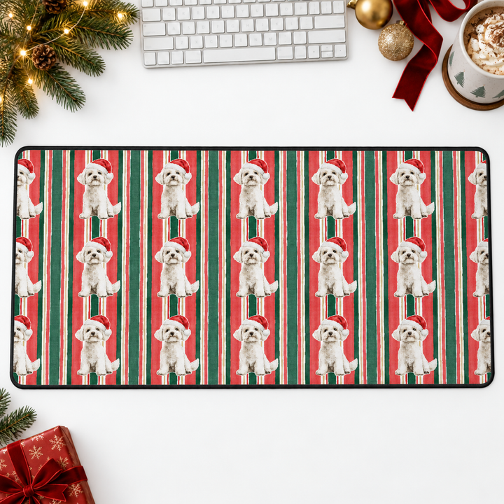 Maltese Christmas Desk Mat, Classic Red Green Stripes, Santa Dog Desk Pad