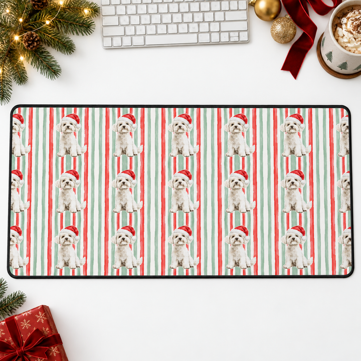 Maltese Christmas Desk Mat, Red Sage Stripes, Santa Dog Desk Pad