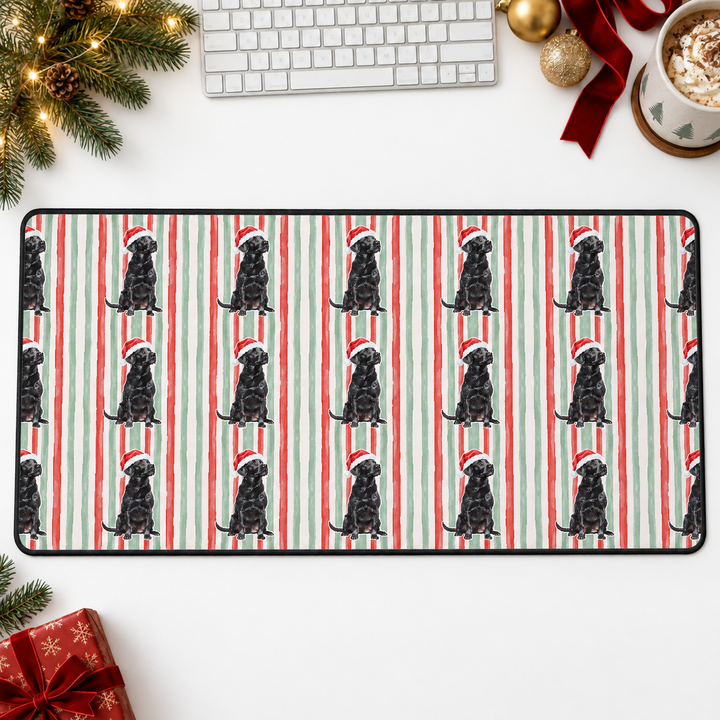 Black Labrador Christmas Desk Mat, Red Sage Stripes, Santa Dog Desk Pad