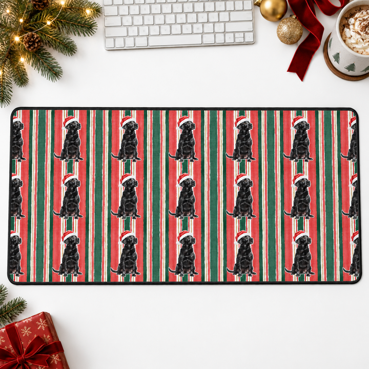 Black Labrador Christmas Desk Mat, Classic Red Green Stripes, Santa Dog Desk Pad