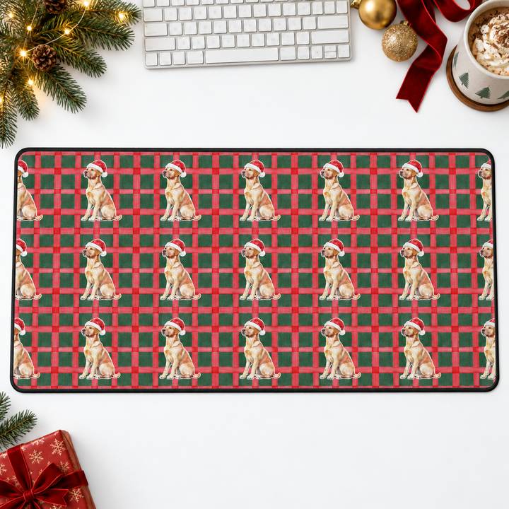 Yellow Labrador Christmas Desk Mat, Red Green Plaid, Santa Dog Desk Pad