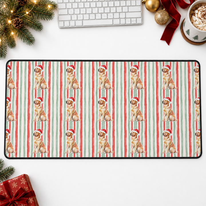 Yellow Labrador Christmas Desk Mat, Red Sage Stripes, Santa Dog Desk Pad