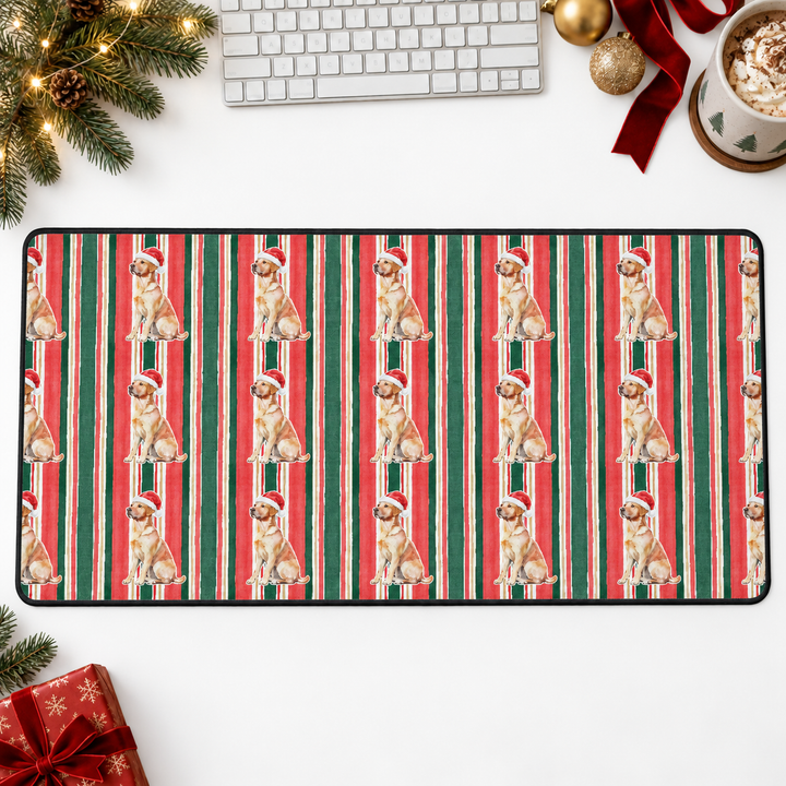 Yellow Labrador Christmas Desk Mat, Classic Red Green Stripes, Santa Dog Desk Pad