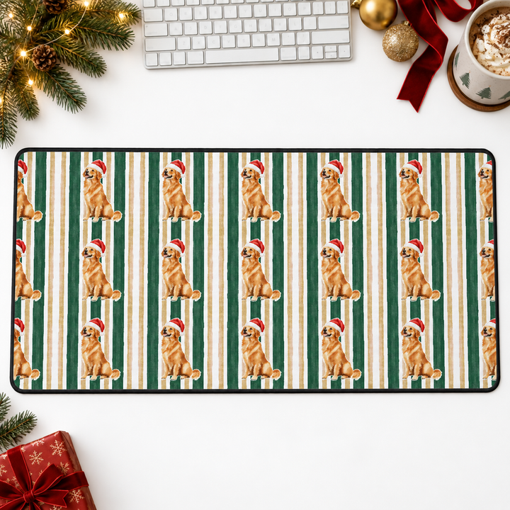 Golden Retriever Christmas Desk Mat, Green Gold Stripes, Santa Dog Desk Pad