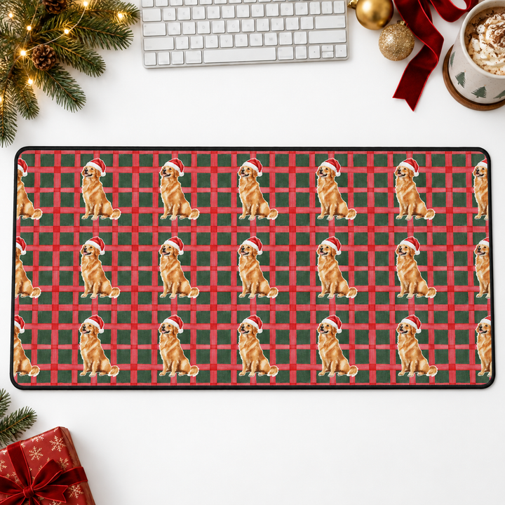 Golden Retriever Christmas Desk Mat, Red Green Plaid, Santa Dog Desk Pad