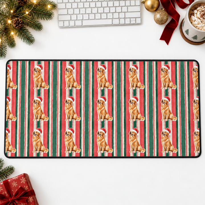 Golden Retriever Christmas Desk Mat, Classic Red Green Stripes, Santa Dog Desk Pad