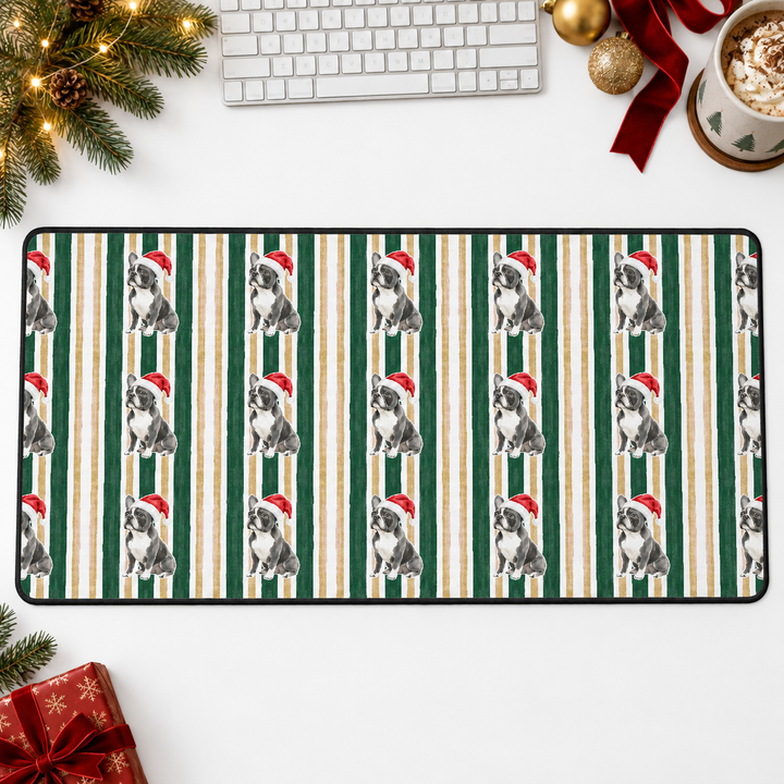 French Bulldog Christmas Desk Mat, Green Gold Stripes, Santa Dog Desk Pad