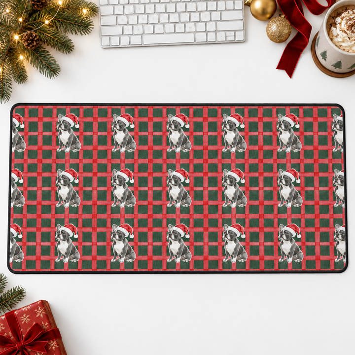 French Bulldog Christmas Desk Mat, Red Green Plaid, Santa Dog Desk Pad