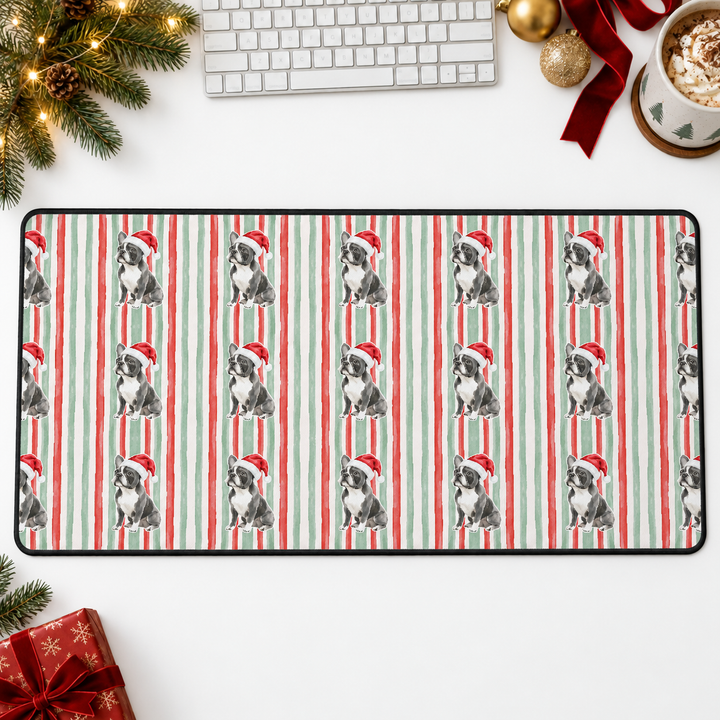 French Bulldog Christmas Desk Mat, Red Sage Stripes, Santa Dog Desk Pad