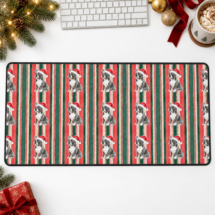French Bulldog Christmas Desk Mat, Classic Red Green Stripes, Santa Dog Desk Pad