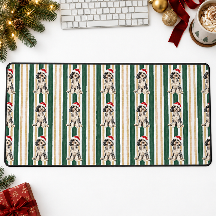 Doodle Christmas Desk Mat, Green Gold Stripes, Santa Dog Desk Pad