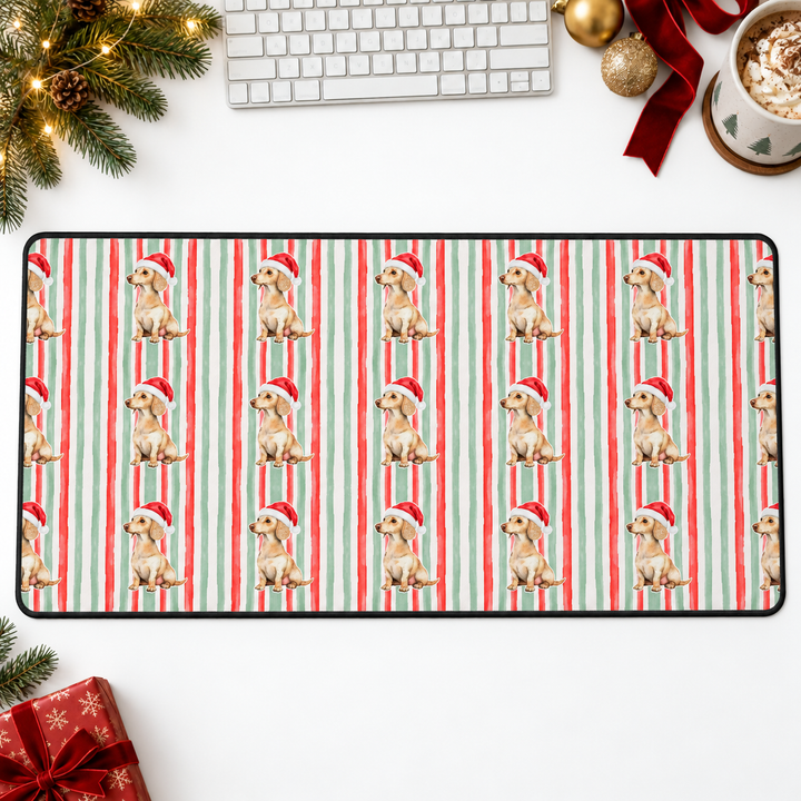 Dachshund Christmas Desk Mat, Red Sage Stripes, Santa Dog Desk Pad