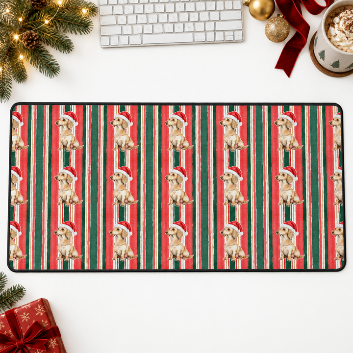 Dachshund Christmas Desk Mat, Classic Red Green Stripes, Santa Dog Desk Pad