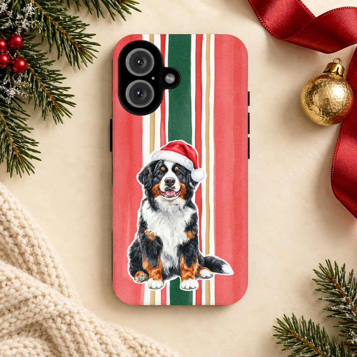 Bernese Mountain Dog Christmas Tough iPhone Case, Classic Red Green Stripes, Santa Dog Phone Cover