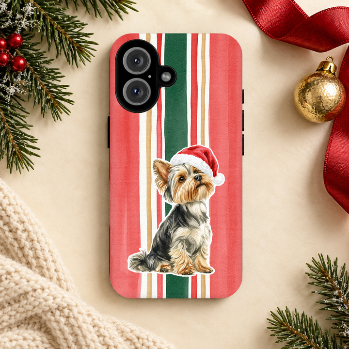 Yorkshire Terrier Christmas Tough iPhone Case, Classic Red Green Stripes, Santa Dog Phone Cover