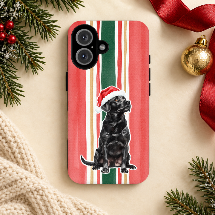 Black Labrador Christmas Tough iPhone Case, Classic Red Green Stripes, Santa Dog Phone Cover