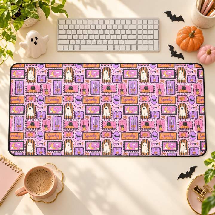 Pink Halloween Frames Desk Mat, Spooky Ghost Black Cat and Pumpkin Desk Pad, Pastel Witchy Large Mouse Pad