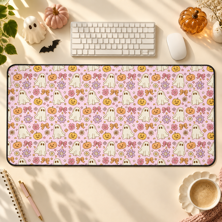 Vintage Ghost Floral Desk Mat, Pink Halloween Pumpkin and Bow Desk Pad, Cute Retro Spooky Large Mouse Pad