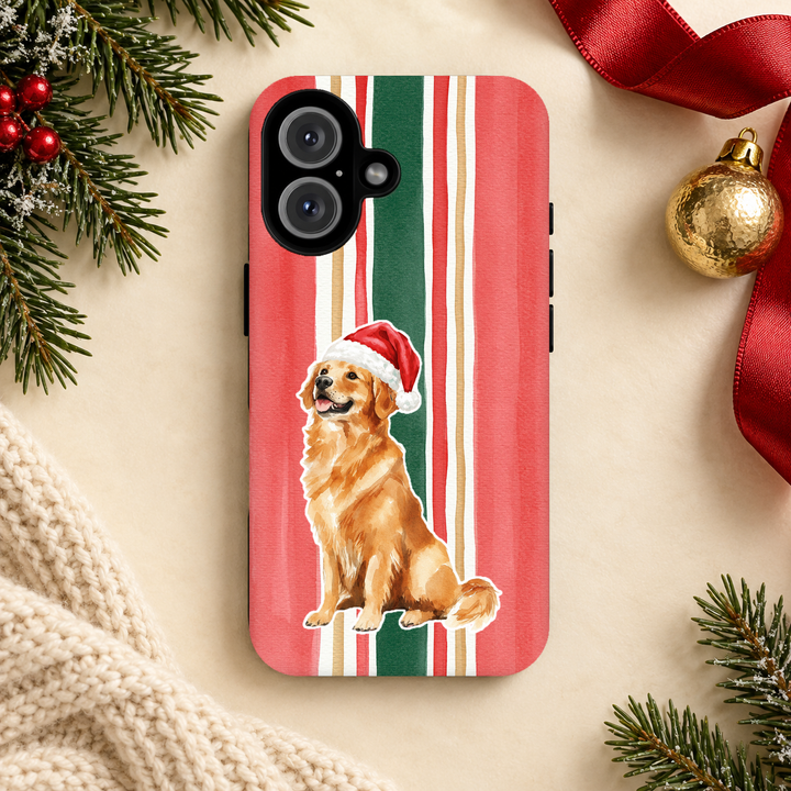 Golden Retriever Christmas Tough iPhone Case, Classic Red Green Stripes, Santa Dog Phone Cover
