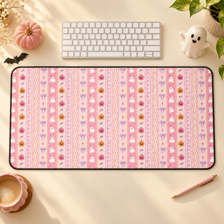Pastel Halloween Stripe Desk Mat, Pink Ghost Pumpkin Candy and Bow Desk Pad, Cute Spooky Large Mouse Pad