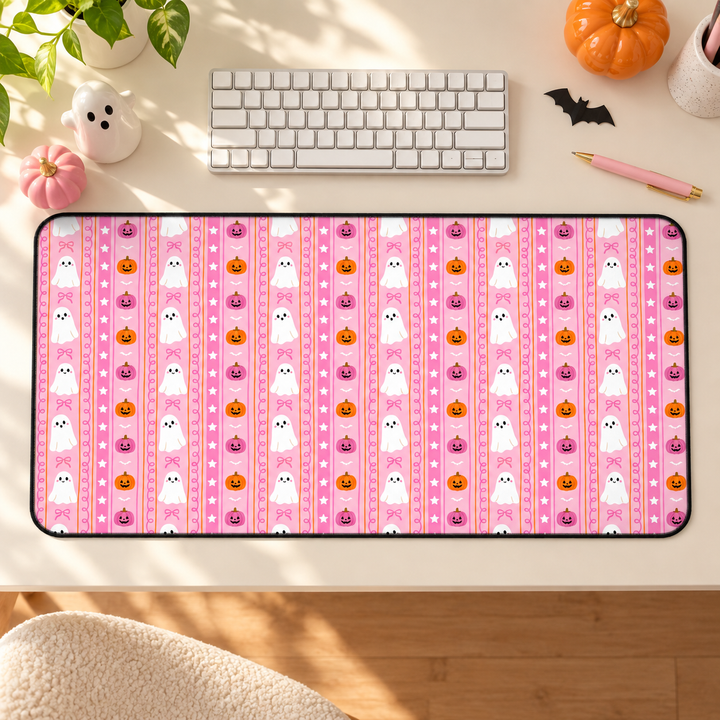 Pink Ghost Stripe Desk Mat, Cute Halloween Pumpkin and Bow Desk Pad, Spooky Large Mouse Pad