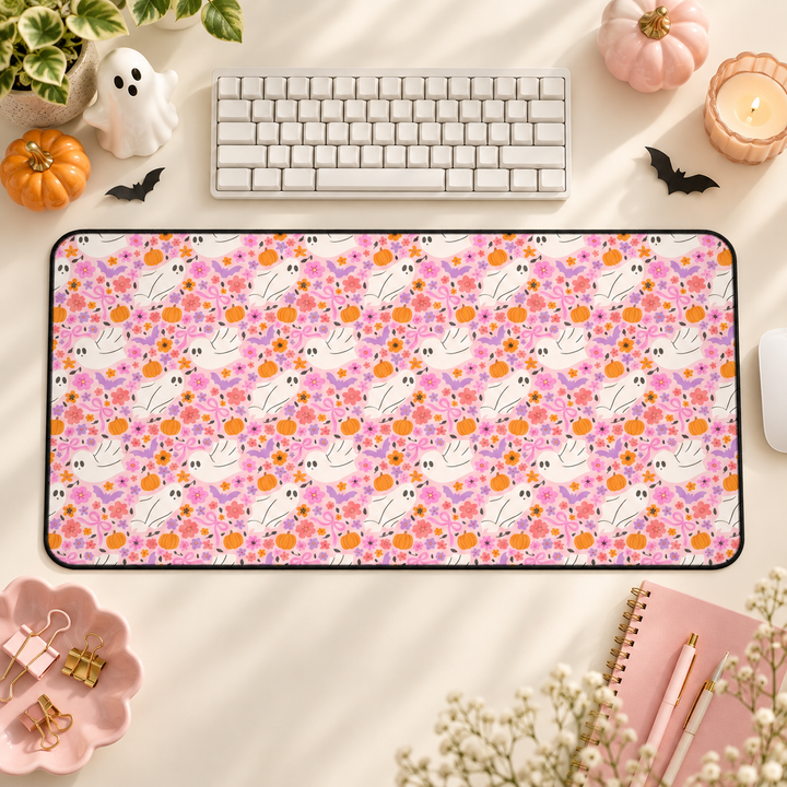 Pink Floral Ghost Desk Mat, Cute Halloween Pumpkin and Bat Desk Pad, Pastel Spooky Large Mouse Pad
