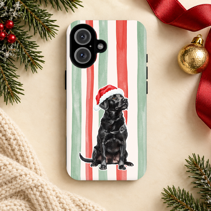 Black Labrador Christmas Tough iPhone Case, Red Sage Stripes, Santa Dog Phone Cover