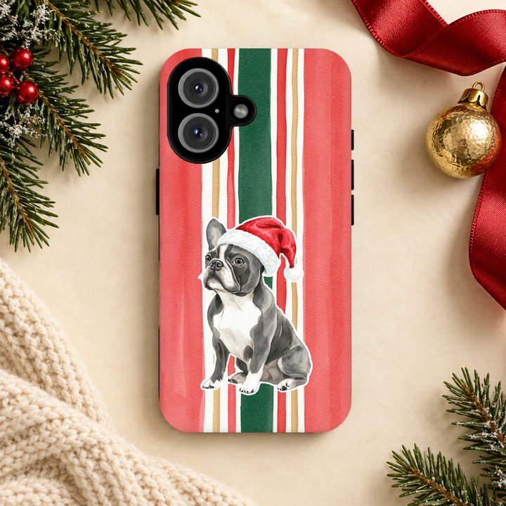 French Bulldog Christmas Tough iPhone Case, Classic Red Green Stripes, Santa Dog Phone Cover