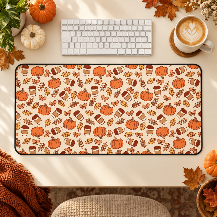 Fall Pumpkin Coffee Desk Mat, Autumn Leaves and Bows Desk Pad, Cozy Large Mouse Pad