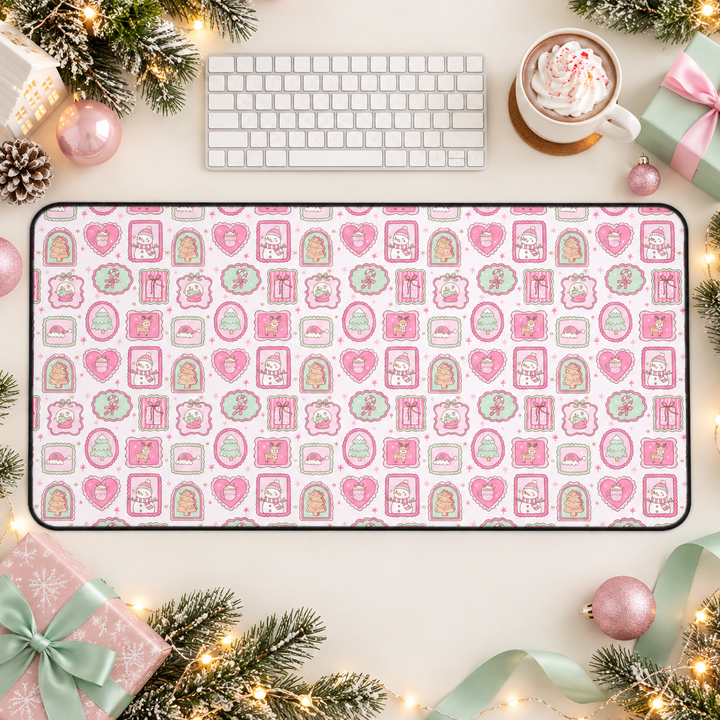 Pink Christmas Frames Desk Mat, Pastel Snowman and Reindeer Desk Pad, Cute Holiday Large Mouse Pad