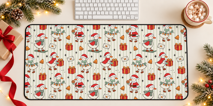 Christmas Goose Desk Mat, Cute Santa Geese Stripe Desk Pad, Festive Holiday Large Mouse Pad
