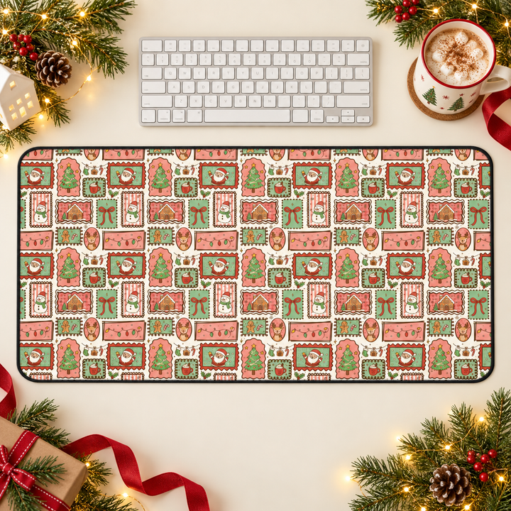 Vintage Christmas Frames Desk Mat, Santa Snowman Gingerbread Desk Pad, Holiday Large Mouse Pad