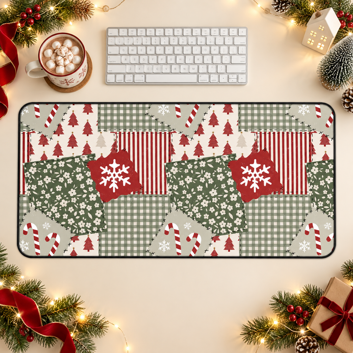Christmas Patchwork Desk Mat, Red and Sage Floral Gingham Desk Pad, Holiday Large Mouse Pad